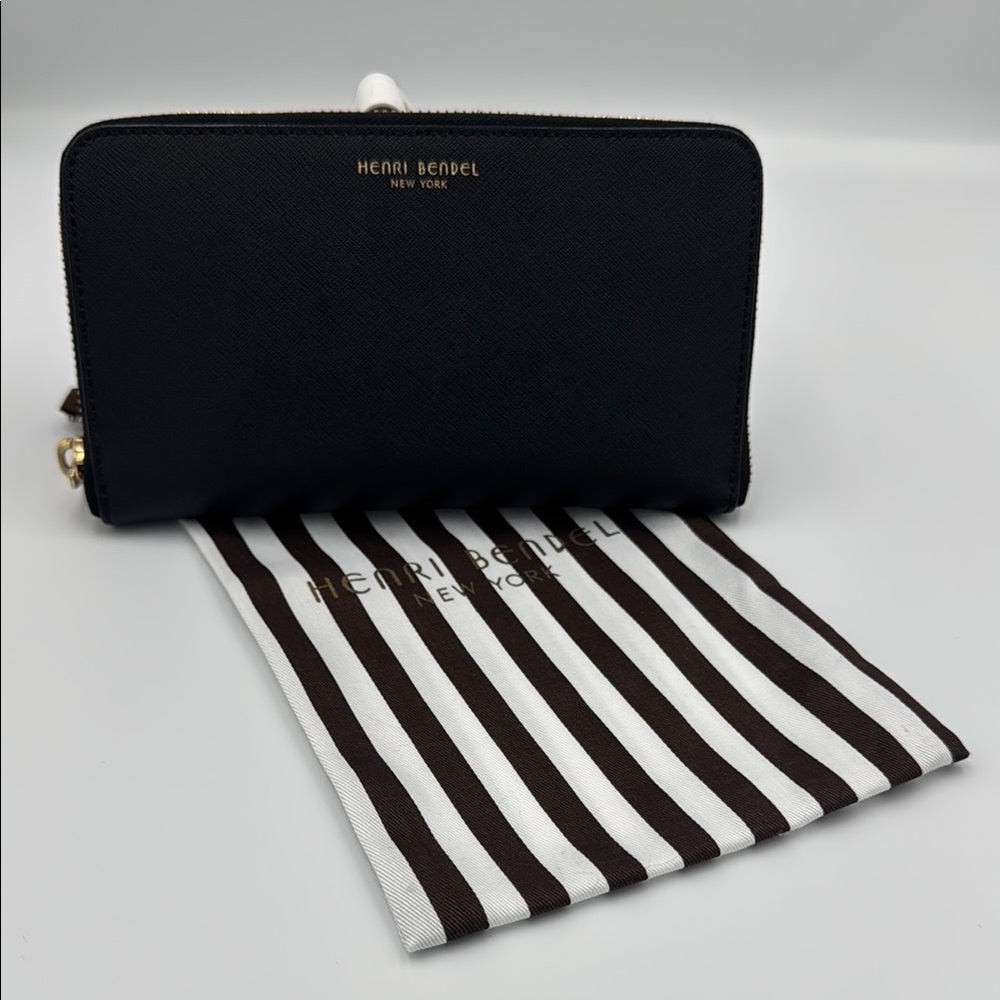 Henri Bendel Black Wallet with Gold Details and Dust Bag